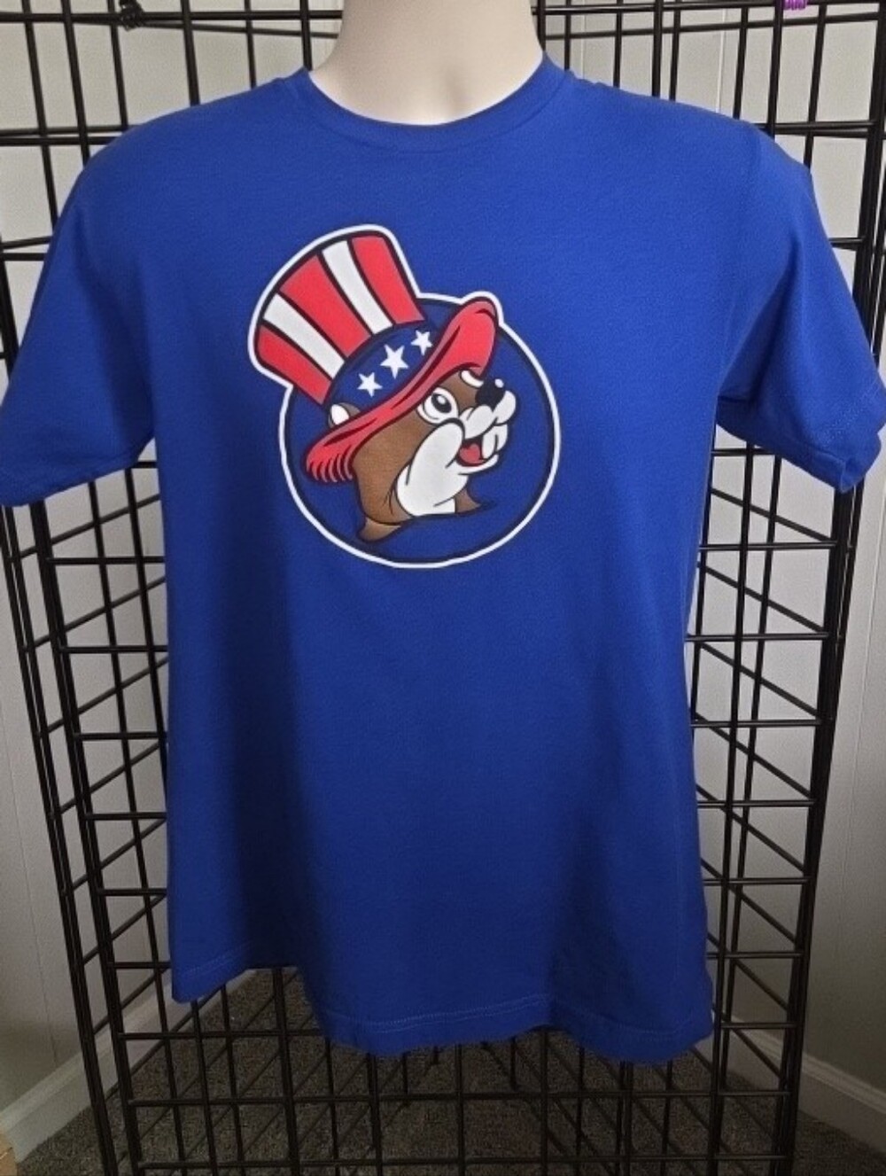 Buc-ee's Sound of Freedom Ringing Motorcycle Uncle Sam Beaver Logo Blue Shirt M